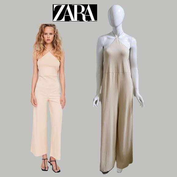 ZARA NEW SAND COLOUR Long Halterneck Ruffle Open Back Wide Leg Jumpsuit - Picture 1 of 12